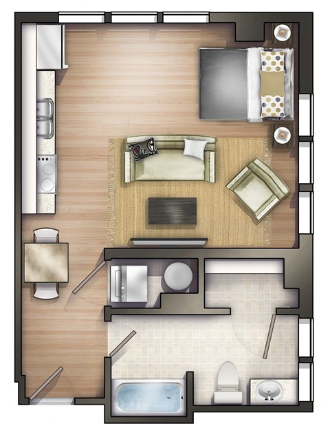 Floor plan for studio, 1 bath, 566 sqft